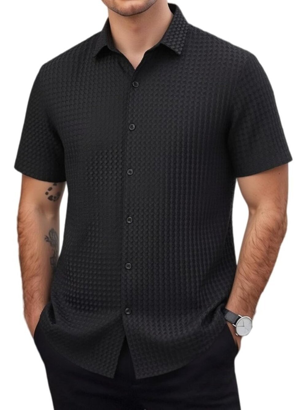 Men's Black Bubble Button Down Shirt 8-Way Stretch Wrinkle Free Casual - Picture 1 of 7